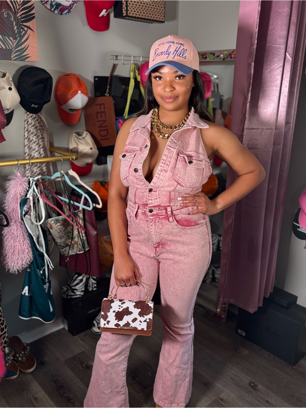 Fashion Nova Pink Sleeveless Denim Jumpsuit with Flare Jeans